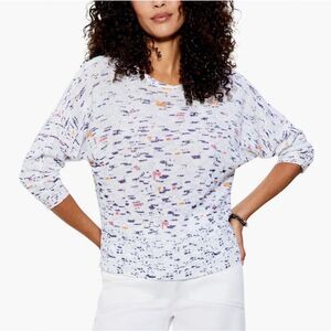 NIC+ZOE Womens MEDIUM Sweater Top White Blue Knit Linen Blend Lightweight